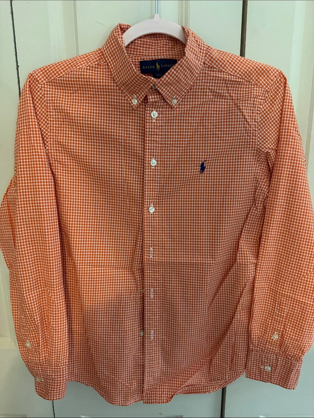 Boys Ralph Lauren Orange and White Gingham Button-Down with Navy Pony size 14/16